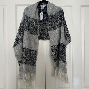 BCBGeneration Y2K Scarf Womens One Size Gray Black Stripe Knit Fringe Wrap Shawl